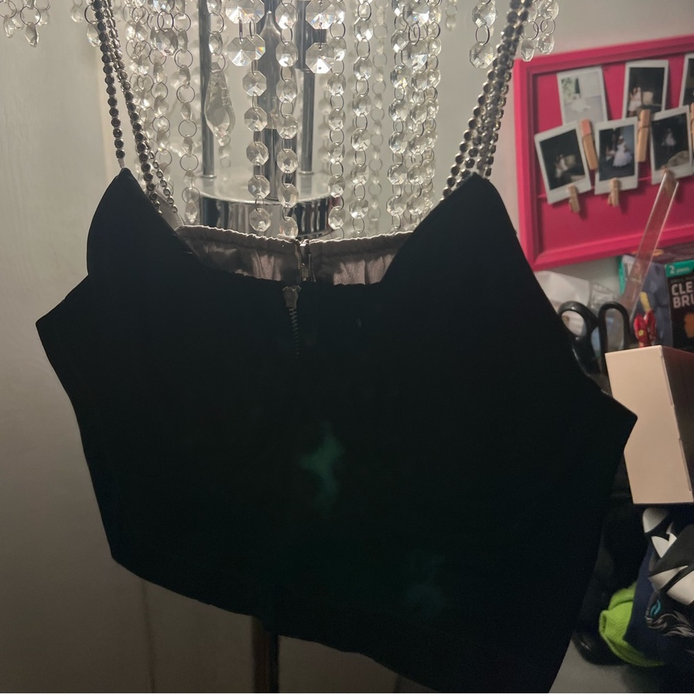 Boohoo Black & Silver Crop Top with Silver Chain Details